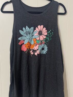 Sleeveless Floral Graphic Tank Top - Dark Gray with Pink & Blue Flowers